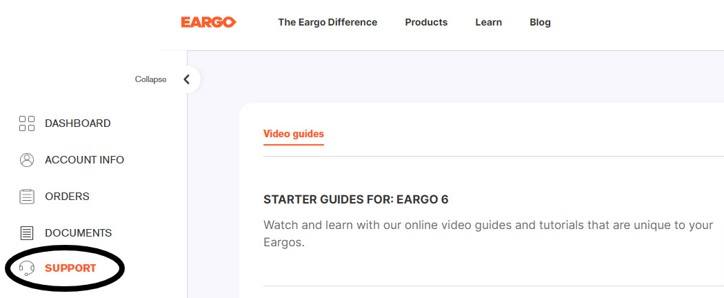 Support option in left panel of Eargo website