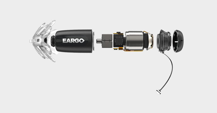 Closeup of exploded view of Eargo hearing aids, showing the internal components