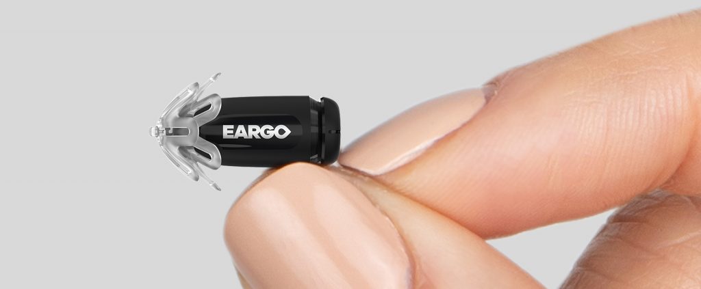 hand holding Eargo 5 hearing aid