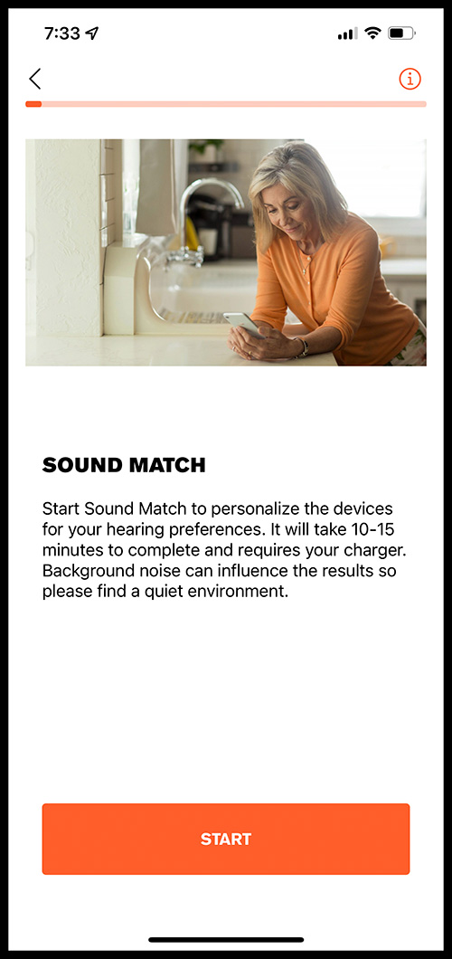 Eargo mobile app Sound Match start screen
