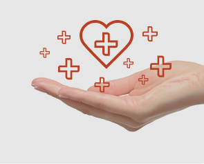 hand holding orange icons of hearts and first aid signs