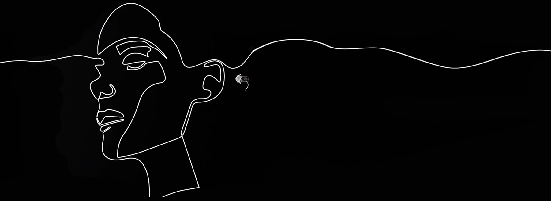 white line art on black background of woman's side profile and Eargo hearing aid