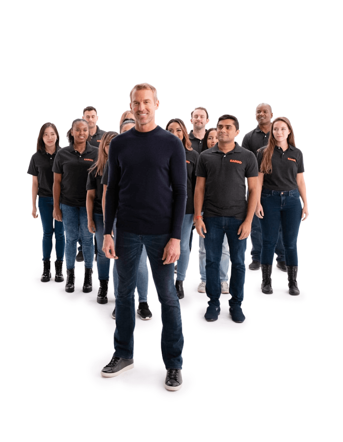 Image of an Eargo user with support professionals behind him on his journey to better hearing
