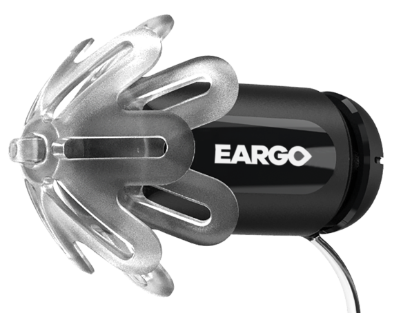 Closeup of Eargo hearing aid on black background